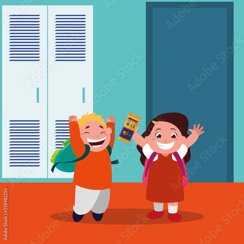 happy little school kids in the school corridor