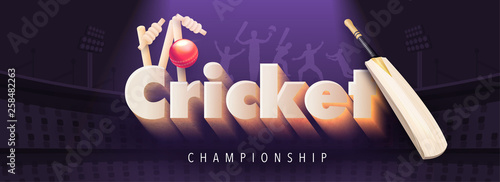 Realistic cricket bat on purple stadium view background for Cricket Championship header banner or poster design.