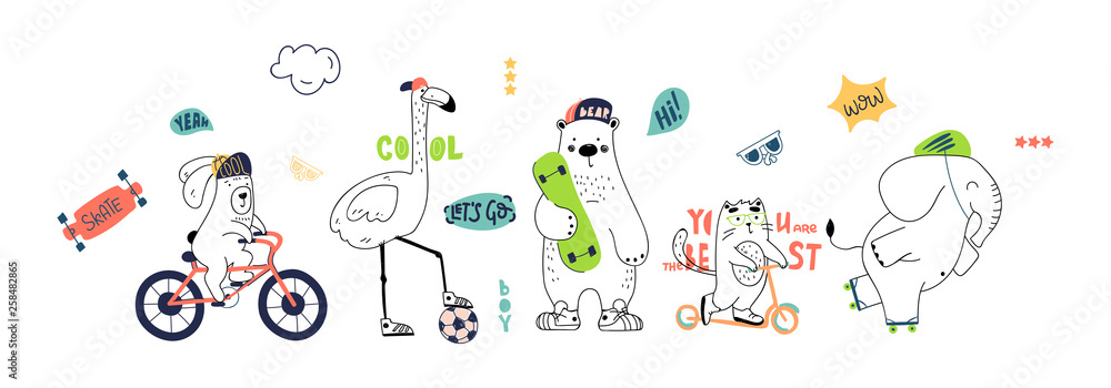 Cute animals hand drawing illustration vector. Rabbit, flamingo, bear, cat, elephant. Eps 10.