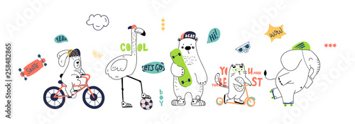 Cute animals hand drawing illustration vector. Rabbit, flamingo, bear, cat, elephant. Eps 10. photo