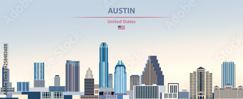 Austin city skyline vector illustration on colorful gradient beautiful day sky background with flag of United States