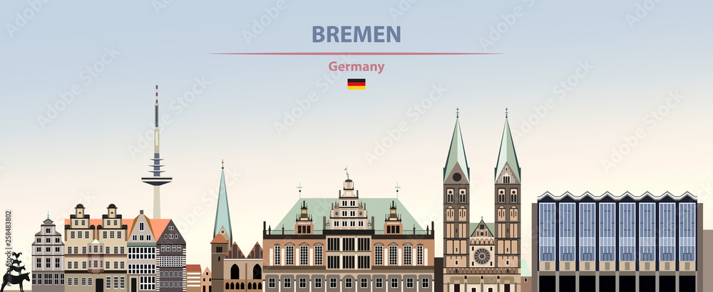 Vector illustration of Bremen city skyline on colorful gradient beautiful day sky background with flag of Germany - obrazy, fototapety, plakaty 