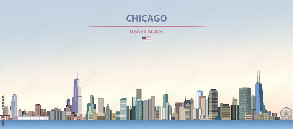 Fototapeta premium Ilustracja wektorowa panoramę miasta Chicago na tle kolorowe niebo gradientu piękny dzień z flagą Stanów Zjednoczonych