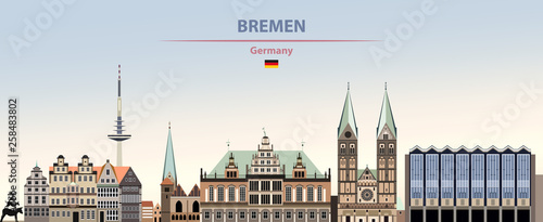 Bremen city skyline vector illustration on colorful gradient beautiful day sky background with flag of Germany