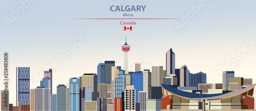 Vector illustration of Calgary city skyline on colorful gradient beautiful day sky background with flag of Canada photo