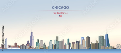 Vector illustration of Chicago  city skyline on colorful gradient beautiful day sky background with flag of United States