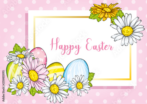 Spring Sale flyer background with beautiful flower. Vector illustration. Camomile. Easter eggs. 