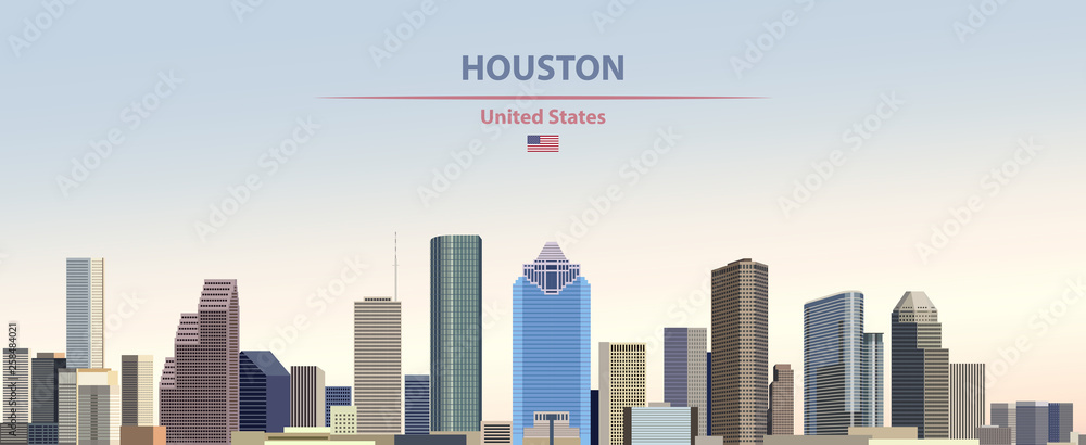 Fototapeta premium Houston city skyline vector illustration on colorful gradient beautiful day sky background with flag of United States