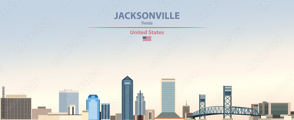 Fototapeta premium Ilustracja wektorowa panoramę miasta Jacksonville na tle kolorowe gradientu piękny dzień nieba z flagą Stanów Zjednoczonych