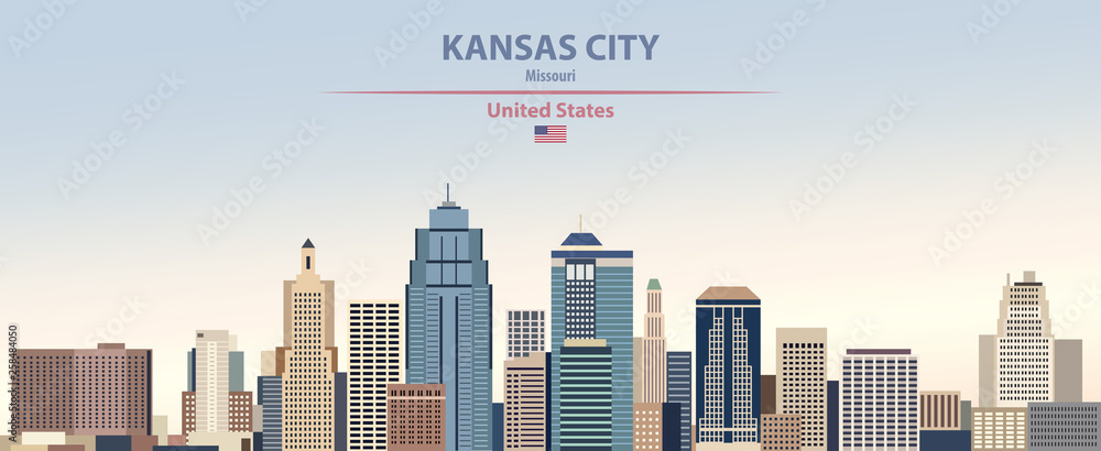 Fototapeta premium Ilustracji wektorowych panoramę miasta Kansas na tle kolorowe niebo gradientu piękny dzień z flagą Stanów Zjednoczonych