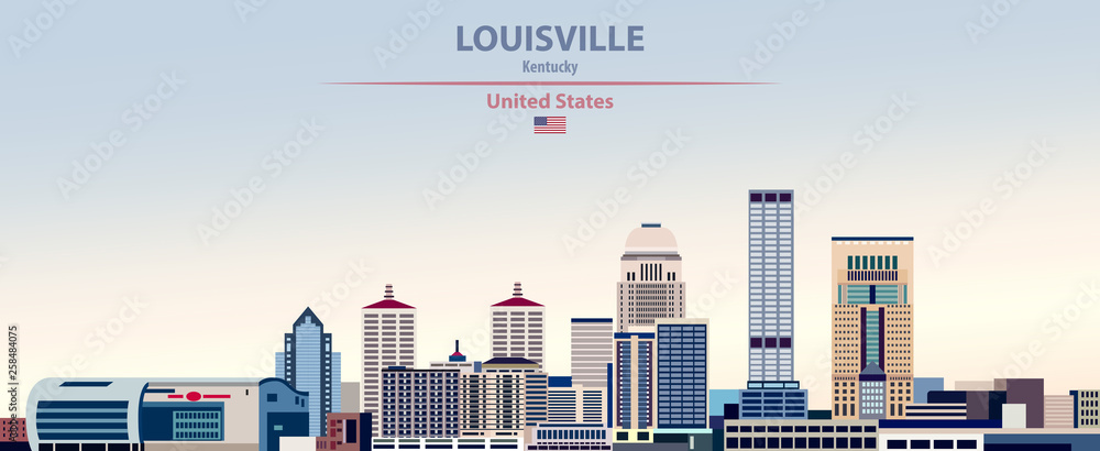 Obraz premium Louisville city skyline vector illustration on colorful gradient beautiful day sky background with flag of United States