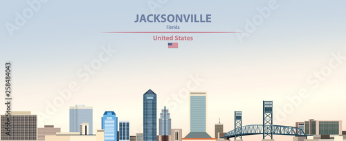 Jacksonville city skyline vector illustration on colorful gradient beautiful day sky background with flag of United States