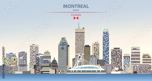 Montreal city skyline vector illustration on colorful gradient beautiful day sky background with flag of Canada