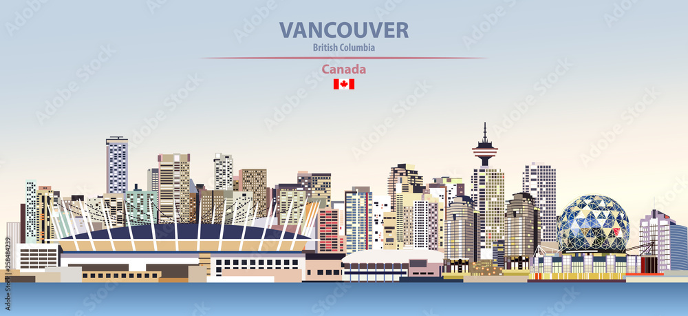 Obraz premium Ilustracja wektorowa panoramę miasta Vancouver na tle kolorowe gradientu pięknego dnia nieba z flagą Kanady