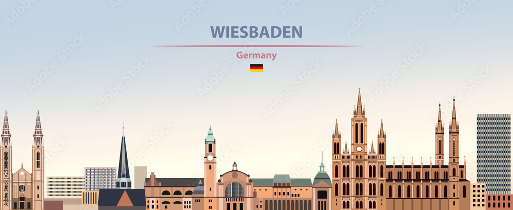Wiesbaden city skyline vector illustration on colorful gradient beautiful day sky background with flag of Germany - obrazy, fototapety, plakaty 
