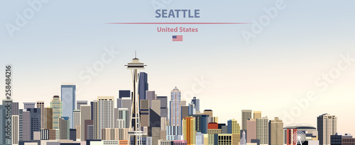 Seattle city skyline vector illustration on colorful gradient beautiful day sky background with flag of United States