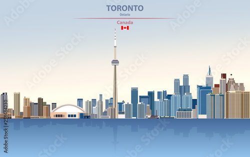 Toronto city skyline vector illustration on colorful gradient beautiful day sky background with flag of Canada