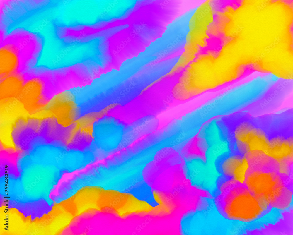 Colorful watercolor background of diagonal brush strokes from dark blue through pink to yellow shades. Abstract hand-drawn gradient painting.