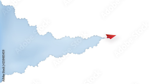 Paper art and craft style of  red paper airplanes flying on blue sky and cloud as business success and leadership creative concept.Vector illustration