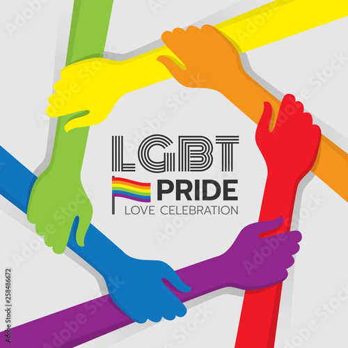 LGBT Pride banner with colorful hand hold hand around circle frame and rainbow flag vector design