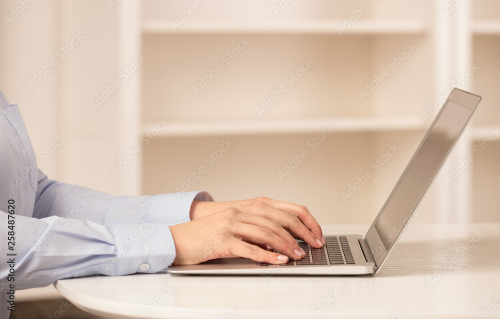 Business woman below chest working on her laptop in a cozy environment
Business woman below chest working on her laptop in a cozy environment