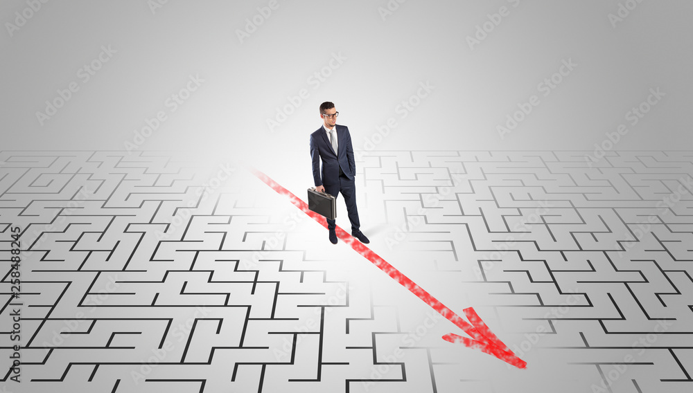 Businessman going through the maze with red arrow
Businessman going through the maze with red arrow