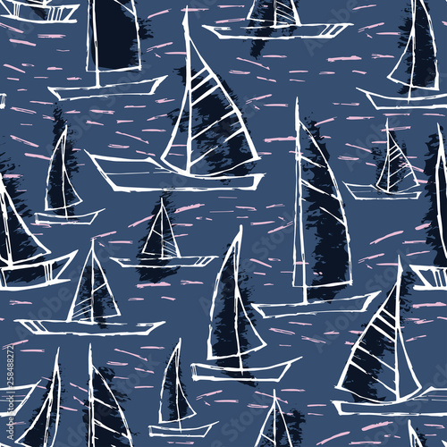 Seamless cute design with boats sailing in the wavy sea.