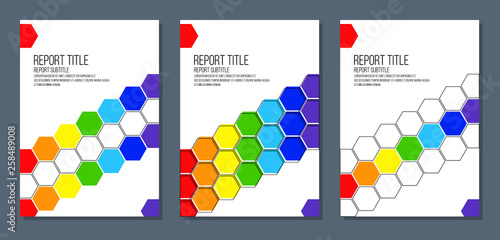 report catalog magazine brochure cover with rainbow colored honeycombs