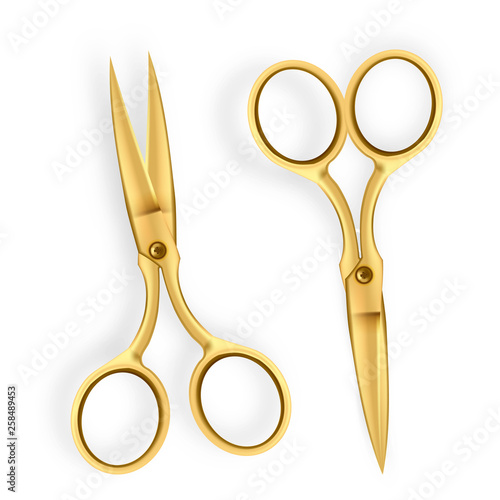 Scissor Vector. 3D Realistic Scissor Icon. Grand Opening Ceremony Gold Cutter Equipment. For Cutting Ribbon. Illustration