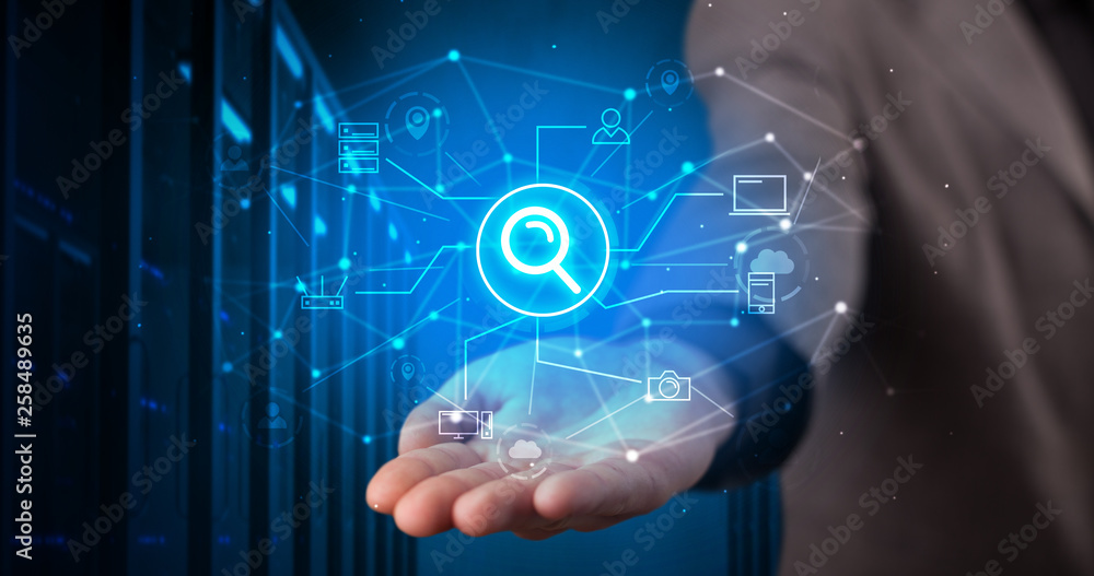 Man holding hologram projection displaying cloud technology symbols
Man holding hologram projection displaying cloud technology symbols