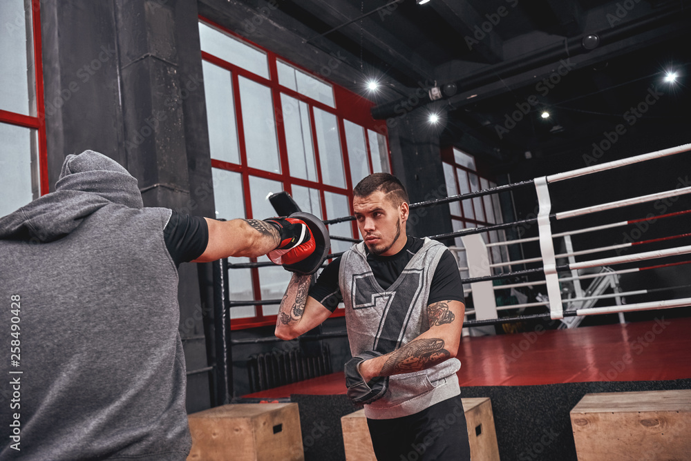 Training his boxing skills. Muscular athlete in red gloves training on boxing paws with partner in boxing gym Training his boxing skills. Muscular athlete in red gloves training on boxing paws with partner in boxing gym