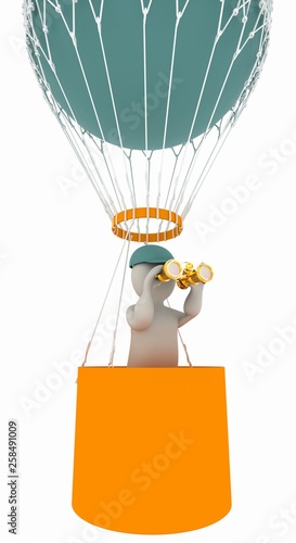 3d man with binoculars in hand on the air balloon. 3d render
