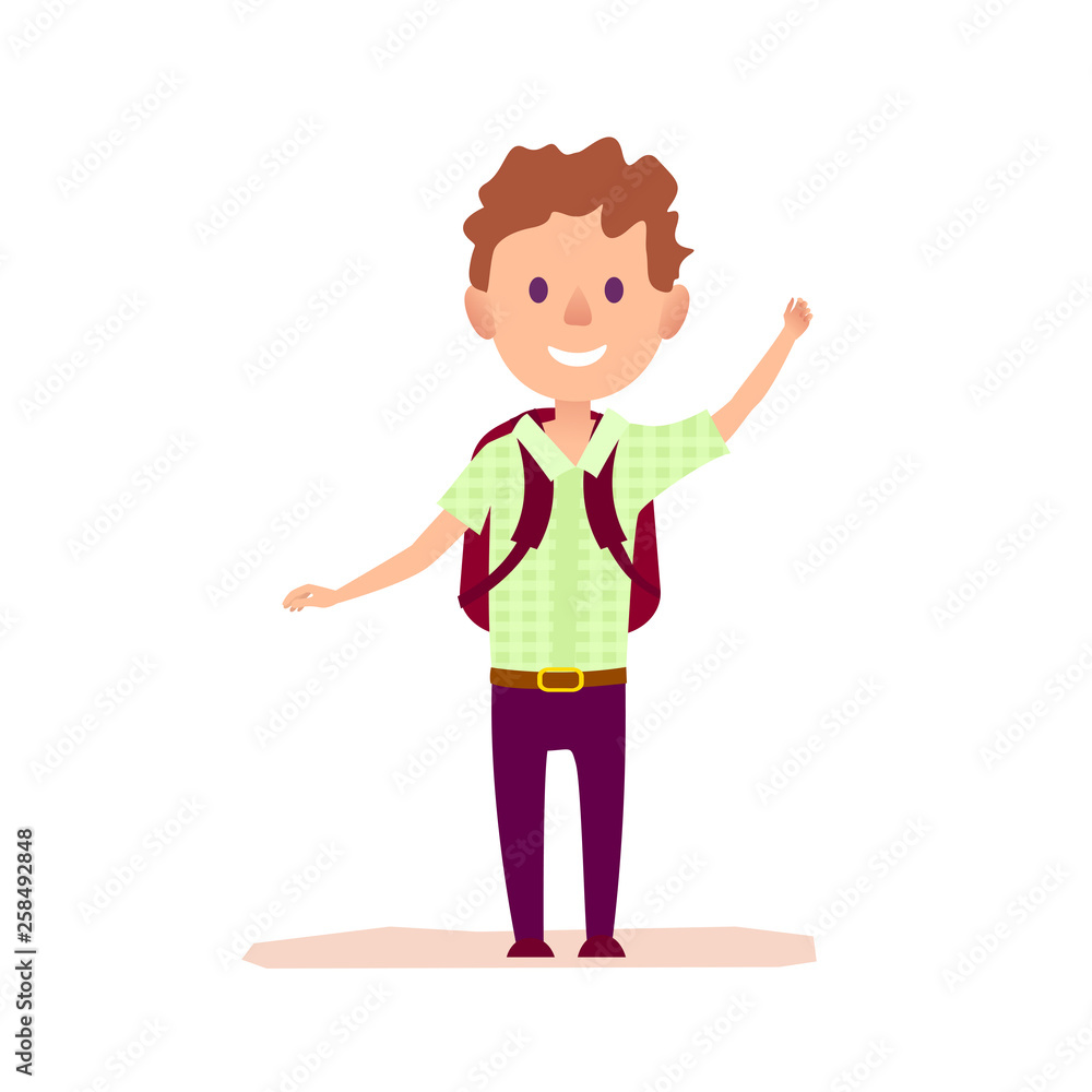Curly cheerful boy with burgundy brief-bag waving by hand vector illustration. Smiling pupil dressed in green shirt and purple trousers. Curly cheerful boy with burgundy brief-bag waving by hand vector illustration. Smiling pupil dressed in green shirt and purple trousers.