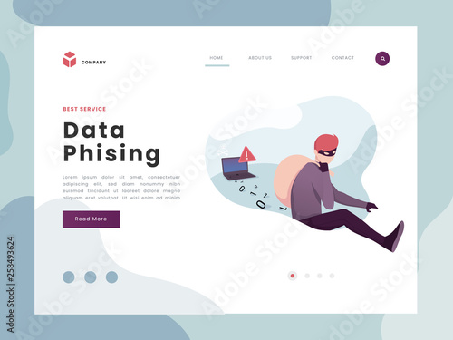 Vector Illustration idea concept for landing page template, Phising attack, hacker stealing personal internet security data, a man running away with code. Flat Gradient Styles