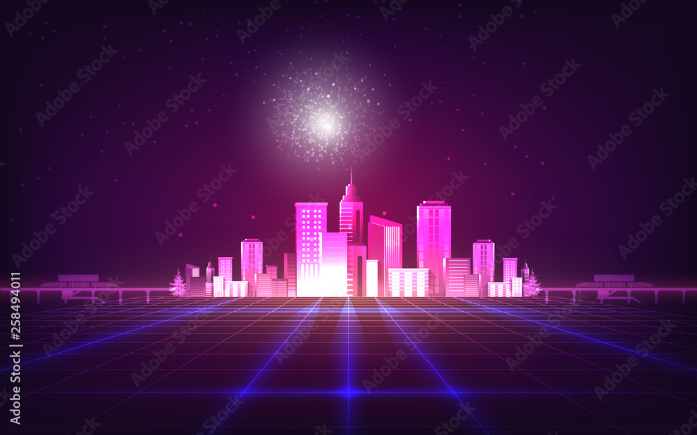 Abstract background with purple neon grids city silhouette in vintage style.Can be used for workflow layout, diagram, web design, banner template. Vector illustration