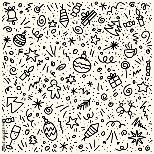 Doodle hand drawn pattern with fireworks, stars, toys and gifts in black color. Happy New Year and Merry Christmas outline background