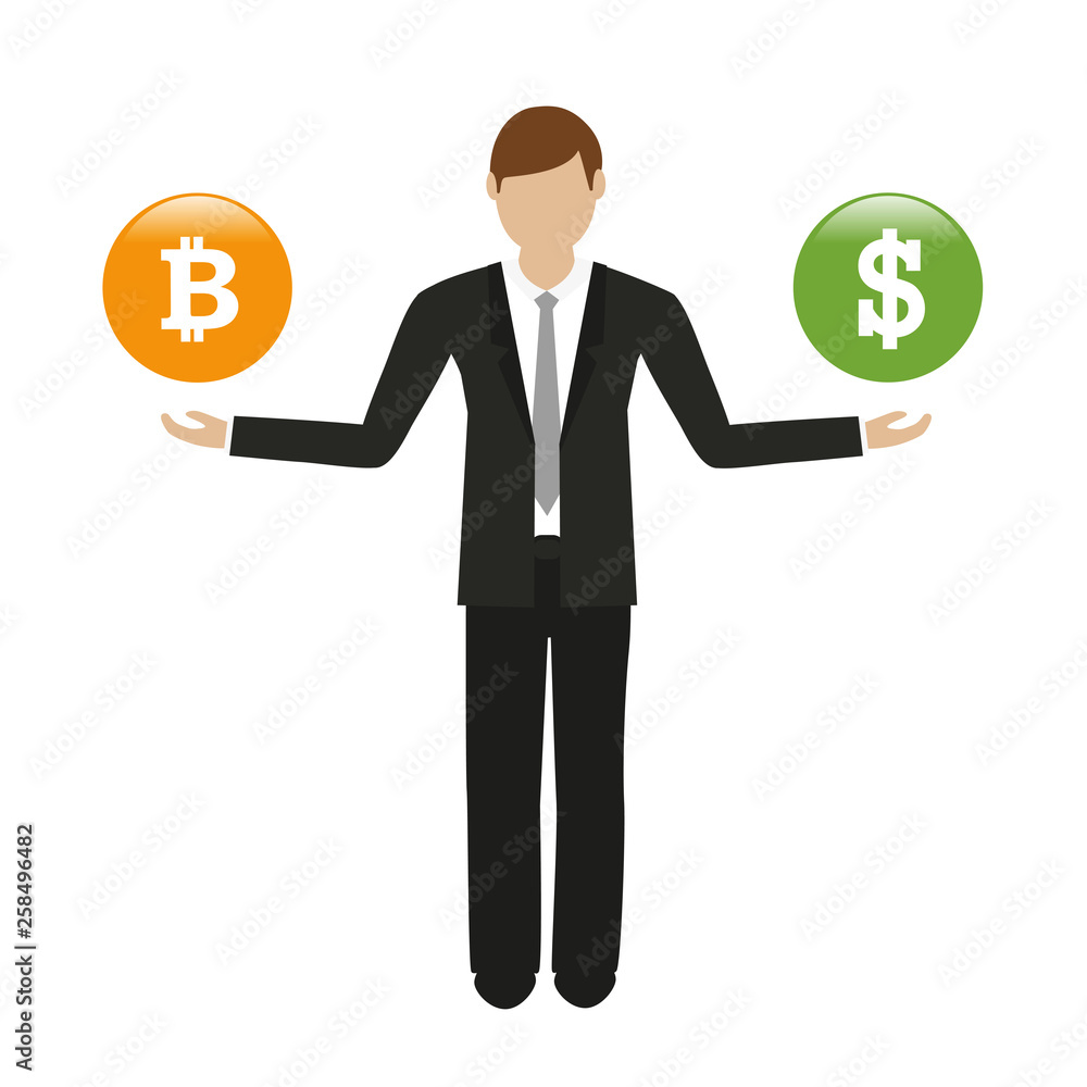 businessman with bitcoin and dollar buttons vector illustration EPS10 businessman with bitcoin and dollar buttons vector illustration EPS10