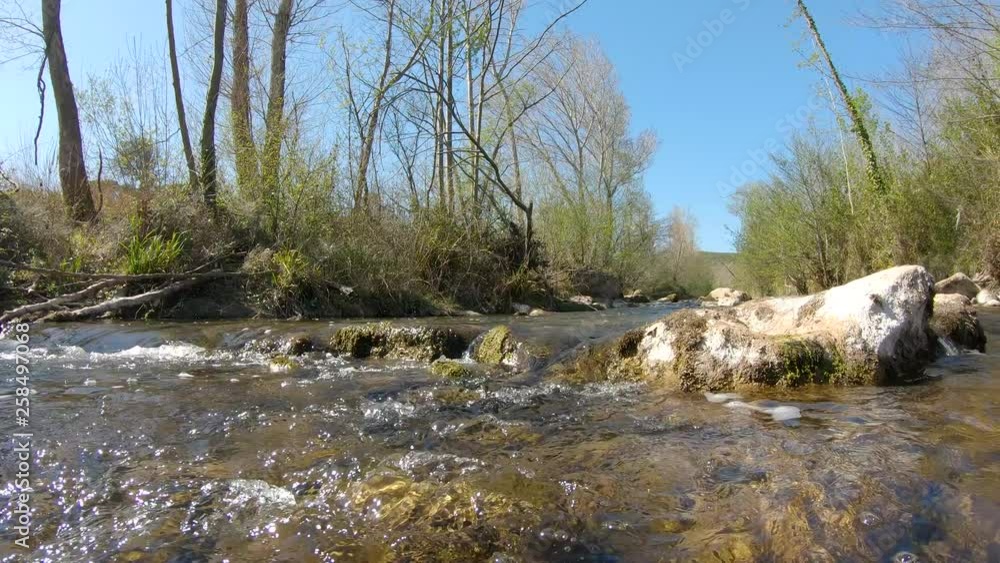 Panning over water on a flowing river with rocks, La Muga, Girona, Alt Emporda, Catalonia, Spain Panning over water on a flowing river with rocks, La Muga, Girona, Alt Emporda, Catalonia, Spain