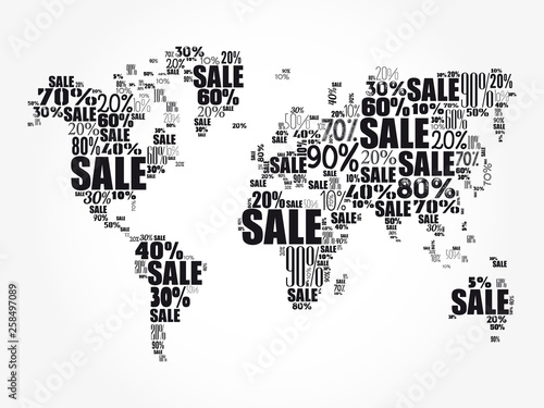 Sale text with percents in shape of World Map, word cloud business concept background