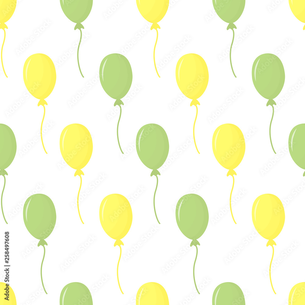 Seamless pattern with yellow and green balloons in flat style isolated on white. Background for birthday, holiday, greeting and gift card