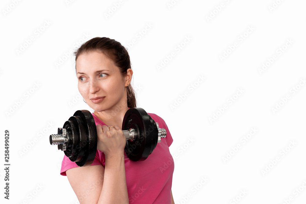 portrait of a woman with dumbbells on a white background portrait of a woman with dumbbells on a white background