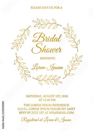 Gold bridal shower invitation card with hand drawn wreath of leaves. Vintage floral bridal party invite. Wedding stationery. Vector illustration. Easy to edit template for your design projects.