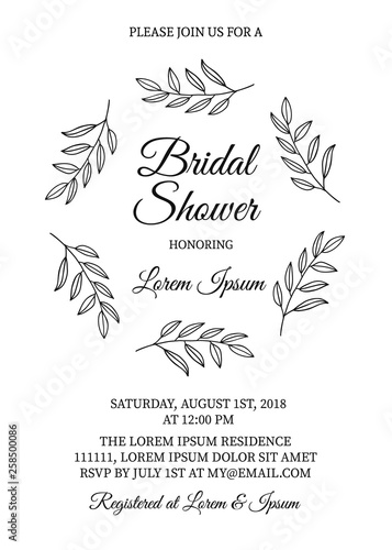 Bridal shower invitation card with hand drawn wreath of leaves. Vintage floral bridal party invite. Wedding stationery. Vector illustration. Easy to edit template for your design projects.