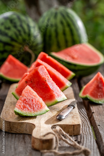 Fotografie Delicious and jucy watermelon in sunny day