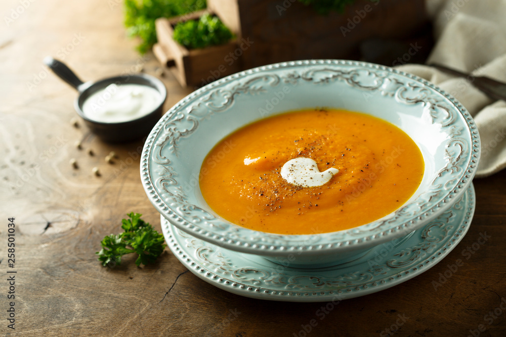 Homemade pumpkin soup with cream Homemade pumpkin soup with cream