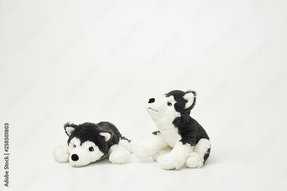 Cute dog doll isolated on white background. (with free space for text) 
