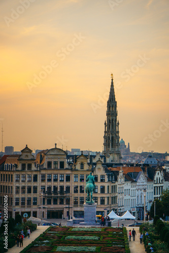 Perspective view from the observation deck of famous Kunstberg or Mont des Arts (Mount of the arts) gardens - Brussels, Belgium. Sunny and clear day