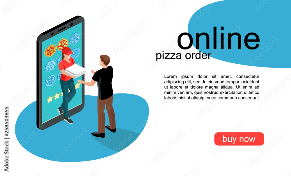 Isometric composition of online pizza order concept. Delivery to door. Woman courier with pizza box and man customer. Smartphone with menu. Vector illustration.