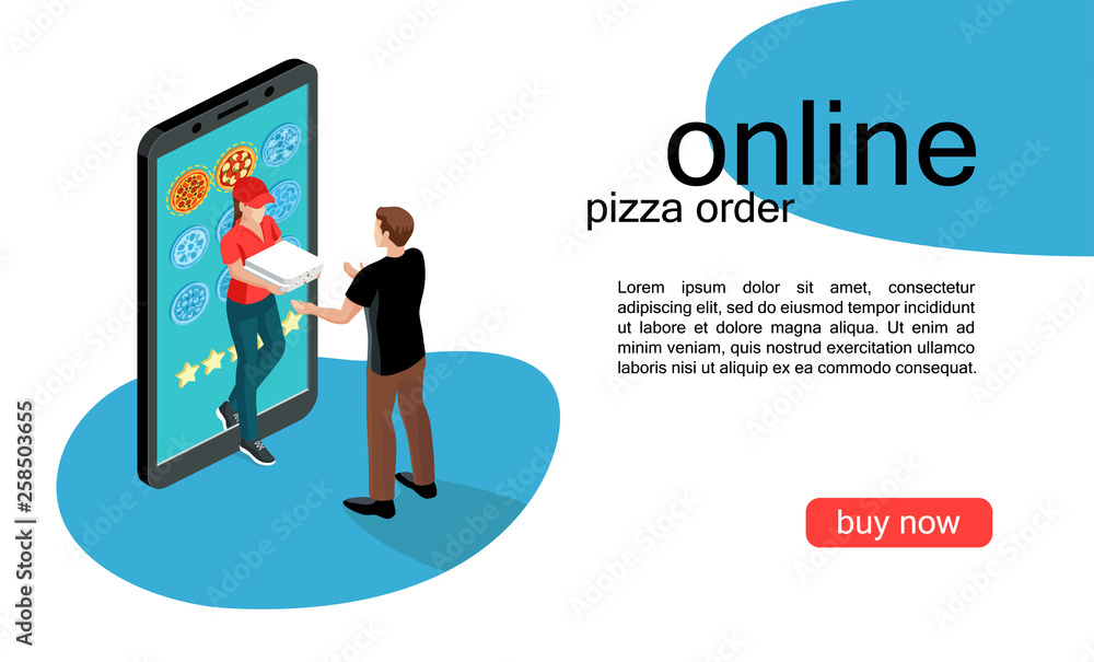 Isometric composition of online pizza order concept. Delivery to door. Woman courier with pizza box and man customer. Smartphone with menu. Vector illustration. Isometric composition of online pizza order concept. Delivery to door. Woman courier with pizza box and man customer. Smartphone with menu. Vector illustration.