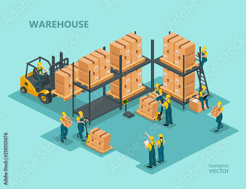 Isometric illustration of delivery and logistics concept. Warehouse with boxes, people and forklift truck. 3d effect vector.